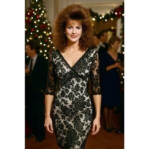 Vintage 1990 Just In Time Sheer Black Lace Bodycon Dress Babydoll Sz L